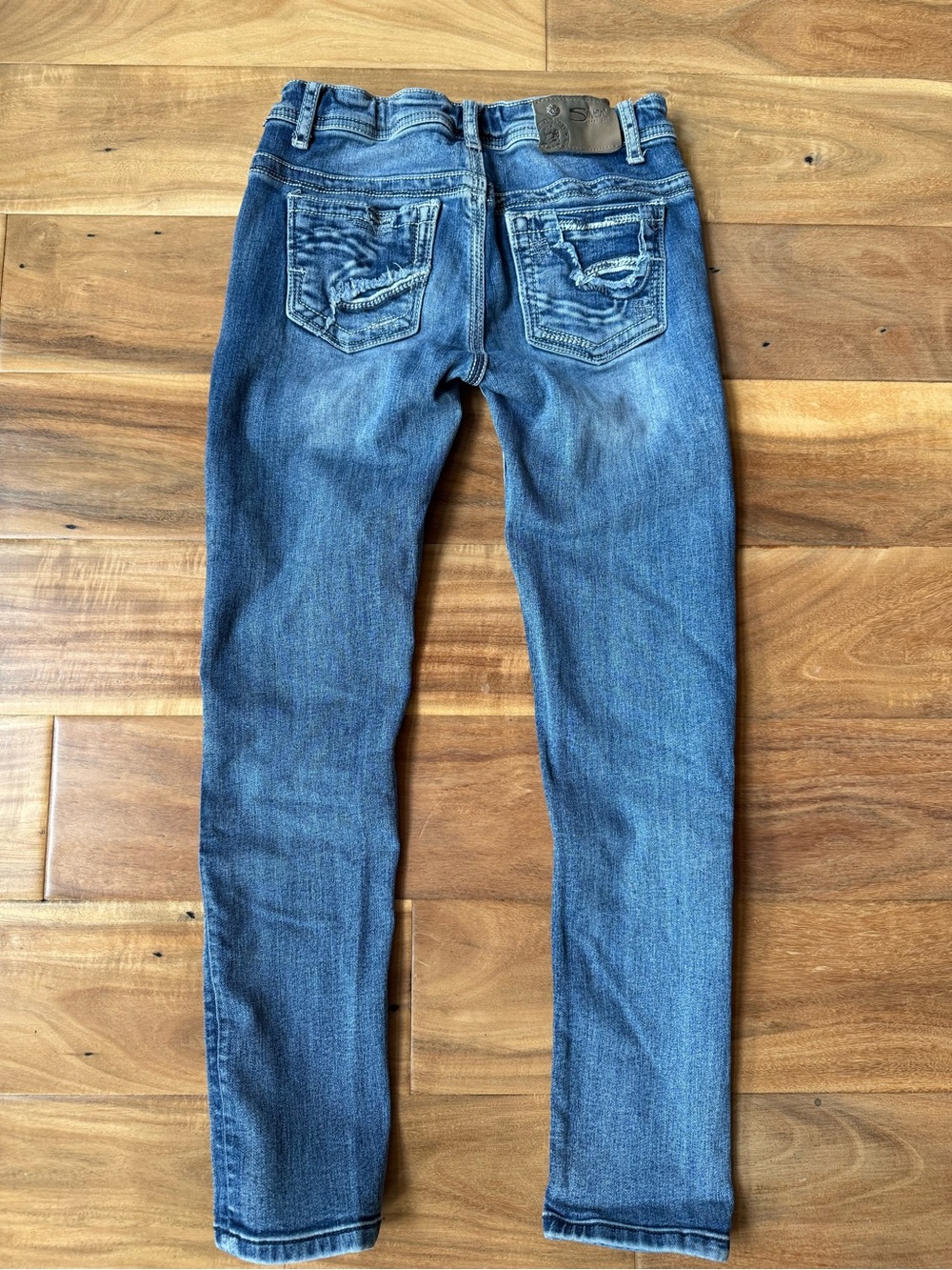 Silver Jeans Girls Sasha Medium Blue Distressed Stretch Denim Pants